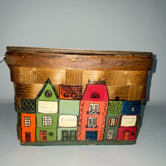 COFER’S Atlanta Handpainted Woven Wooden Basket Purse Fabric Lined VINTAGE - Picture 1 of 8